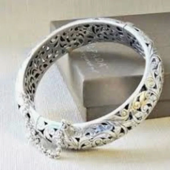 Silpada Bracelet Filigree Bangle Substantial Sterling Silver with safety chain - Picture 2 of 5